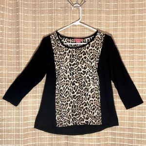 Sunny Leigh Long Sleeve Black and Leopard-Print Top Size Petite Medium